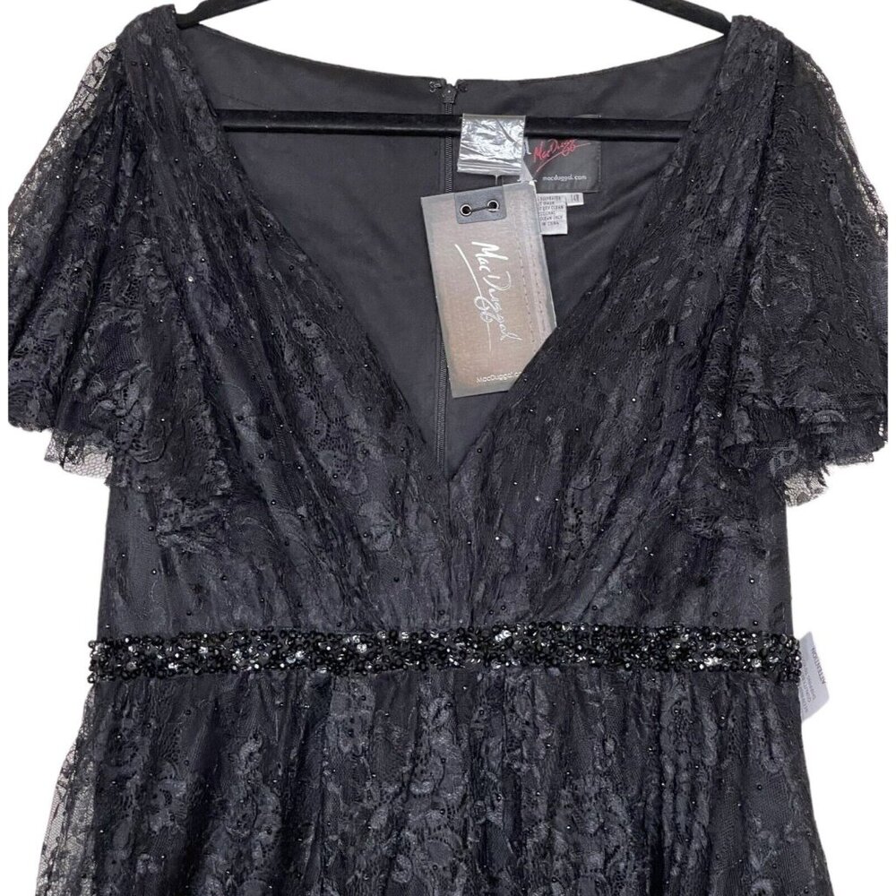 Mac Duggal Lace V-Neck Beaded Tea Length‎ Midi Cocktail Dress Black Size 14W - Picture 6 of 15